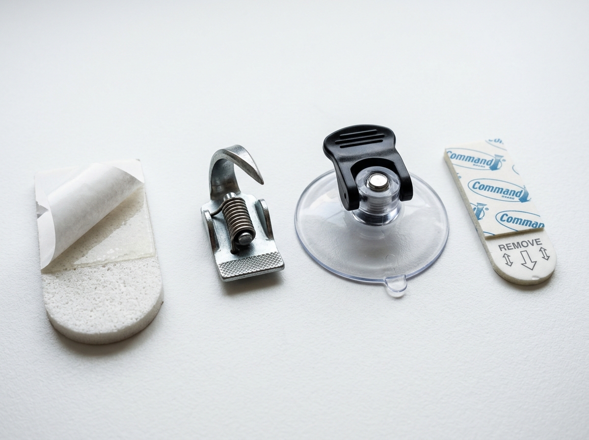 Close up of different no-drill hook backings like adhesive and suction - heavy duty hanging hooks no screws