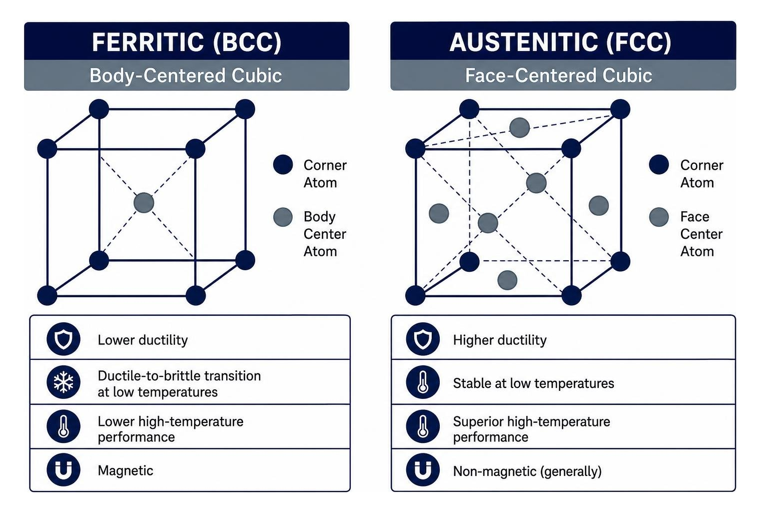 Comparison diagram showing ferritic body-centered cubic lattice versus austenitic face-centered cubic lattice in James Duva Comparison diagram showing ferritic body-centered cubic lattice versus austenitic face-centered cubic lattice in James Duva