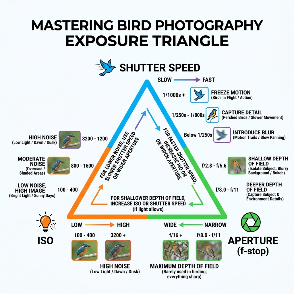 Bird photography exposure triangle infographic showing shutter speed, aperture, and ISO relationships - best camera settings