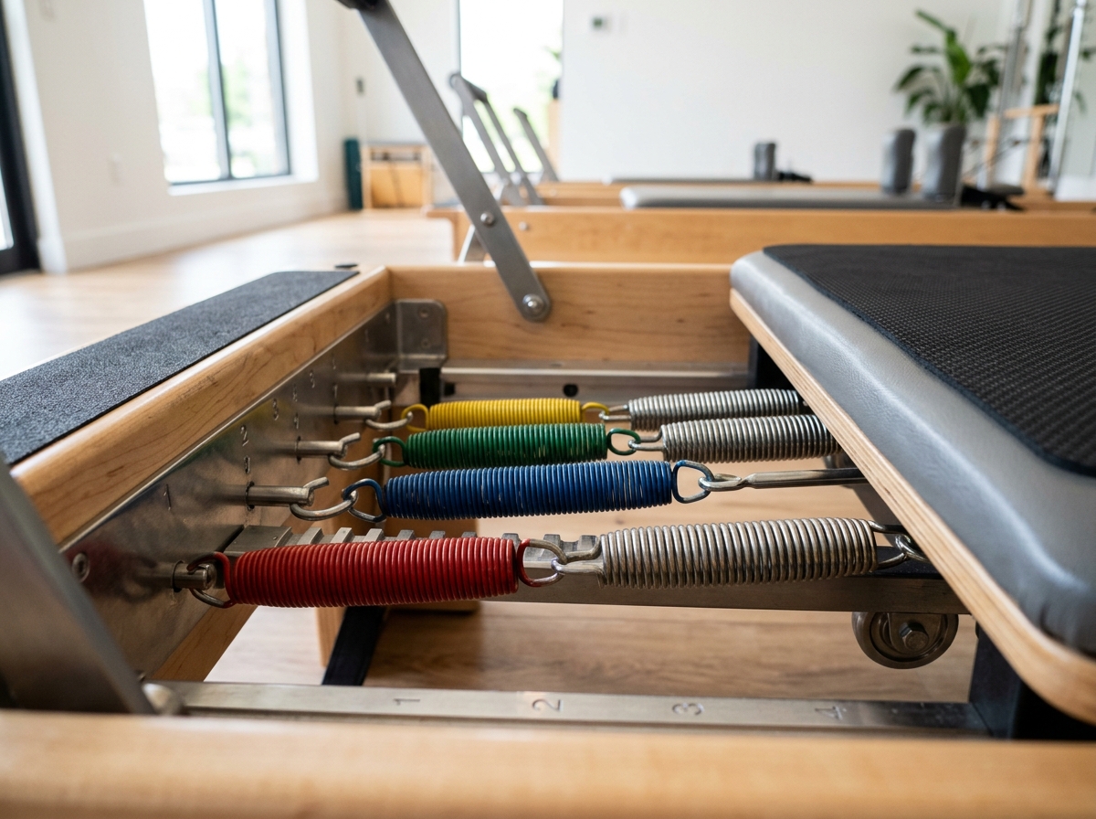 Close-up of color-coded springs on a professional reformer machine - pilates reformer Close-up of color-coded springs on a professional reformer machine - pilates reformer