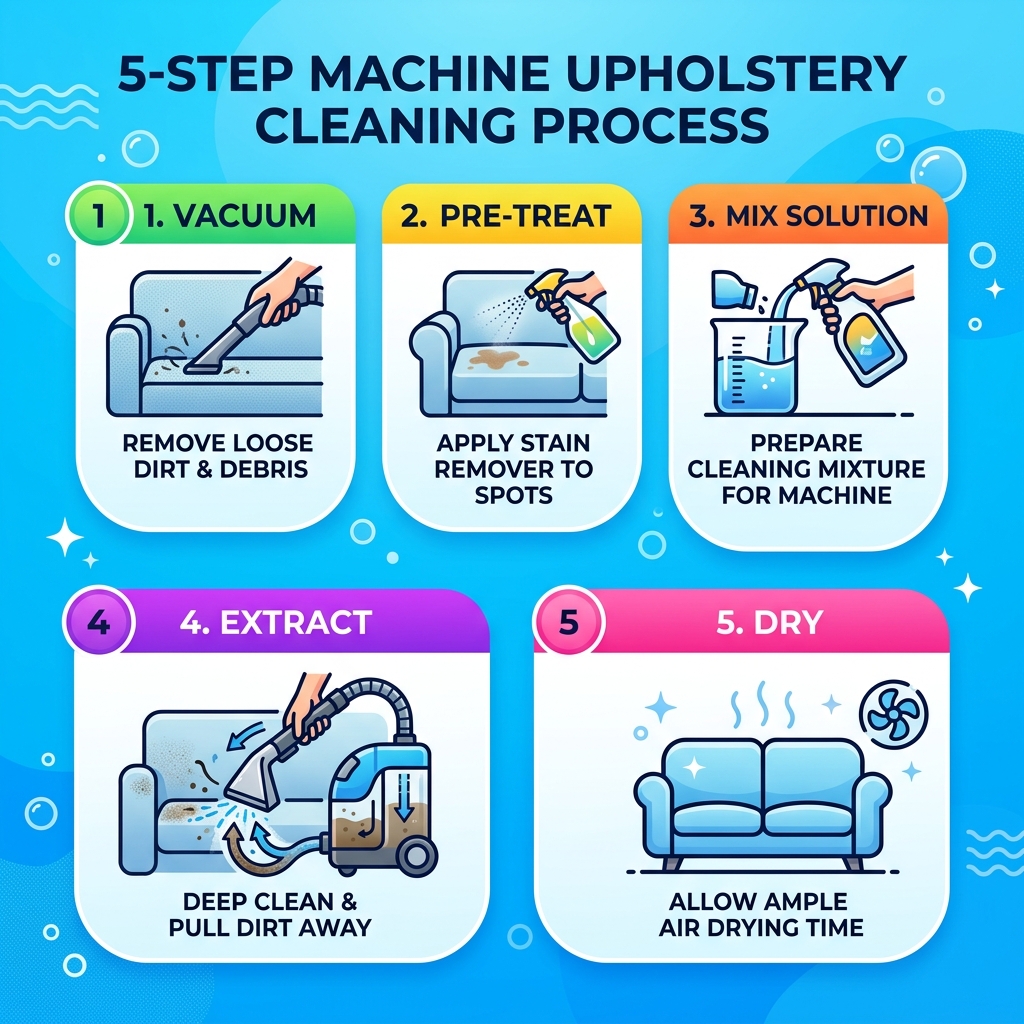 5-step machine upholstery cleaning process infographic: vacuum, pre-treat, mix solution, extract, dry - upholstery cleaning