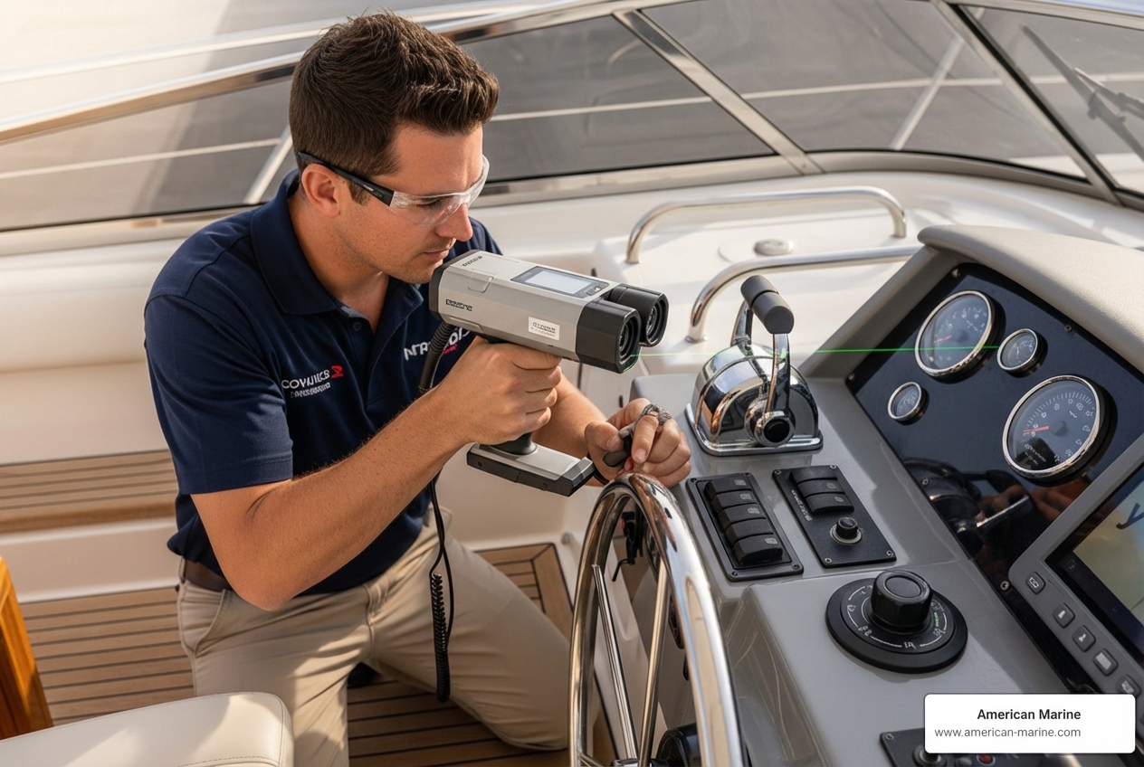 technician using a 3D measuring device on a boat's helm - custom marine canvas