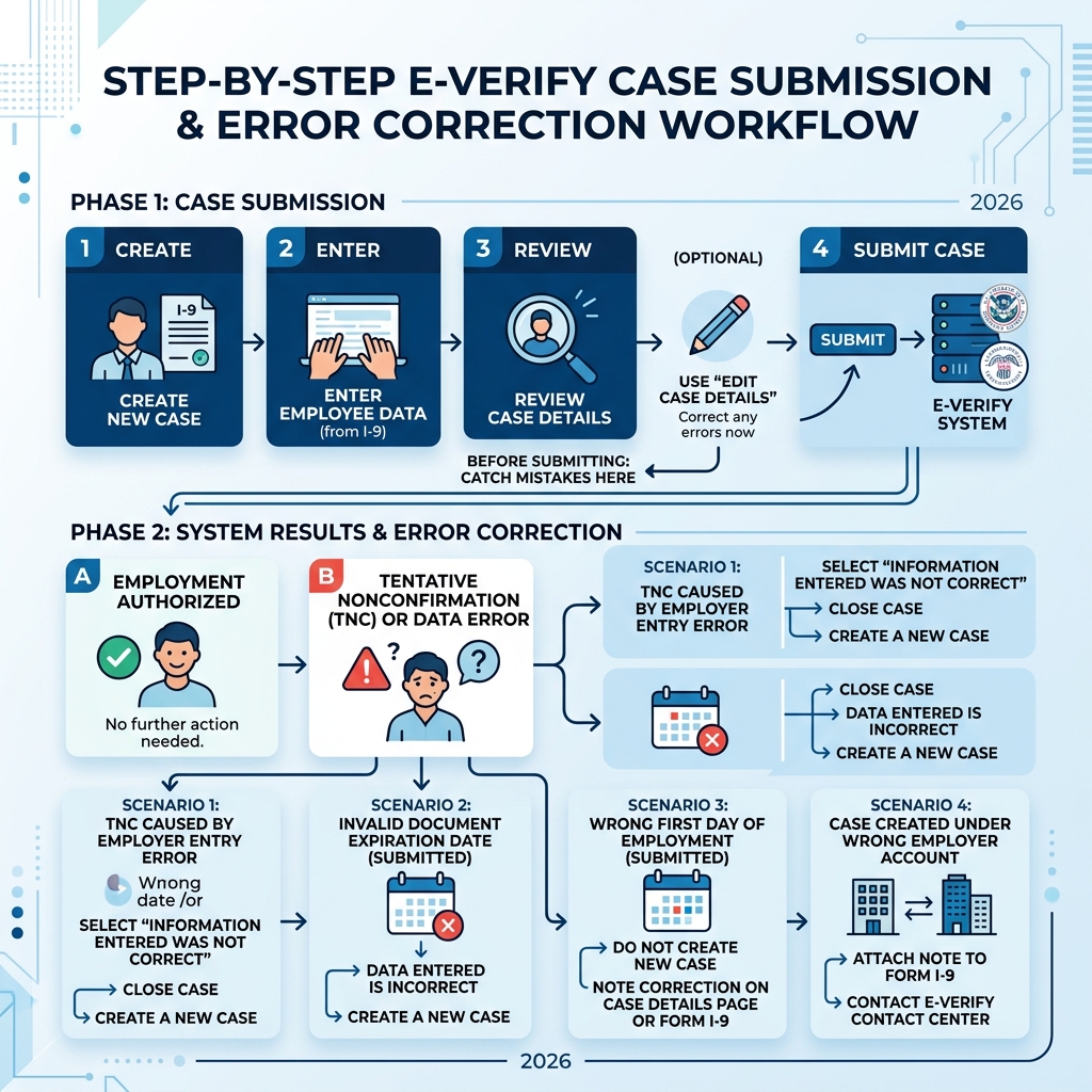 Step-by-step E-Verify case submission and error correction workflow infographic - E-Verify error correction infographic 