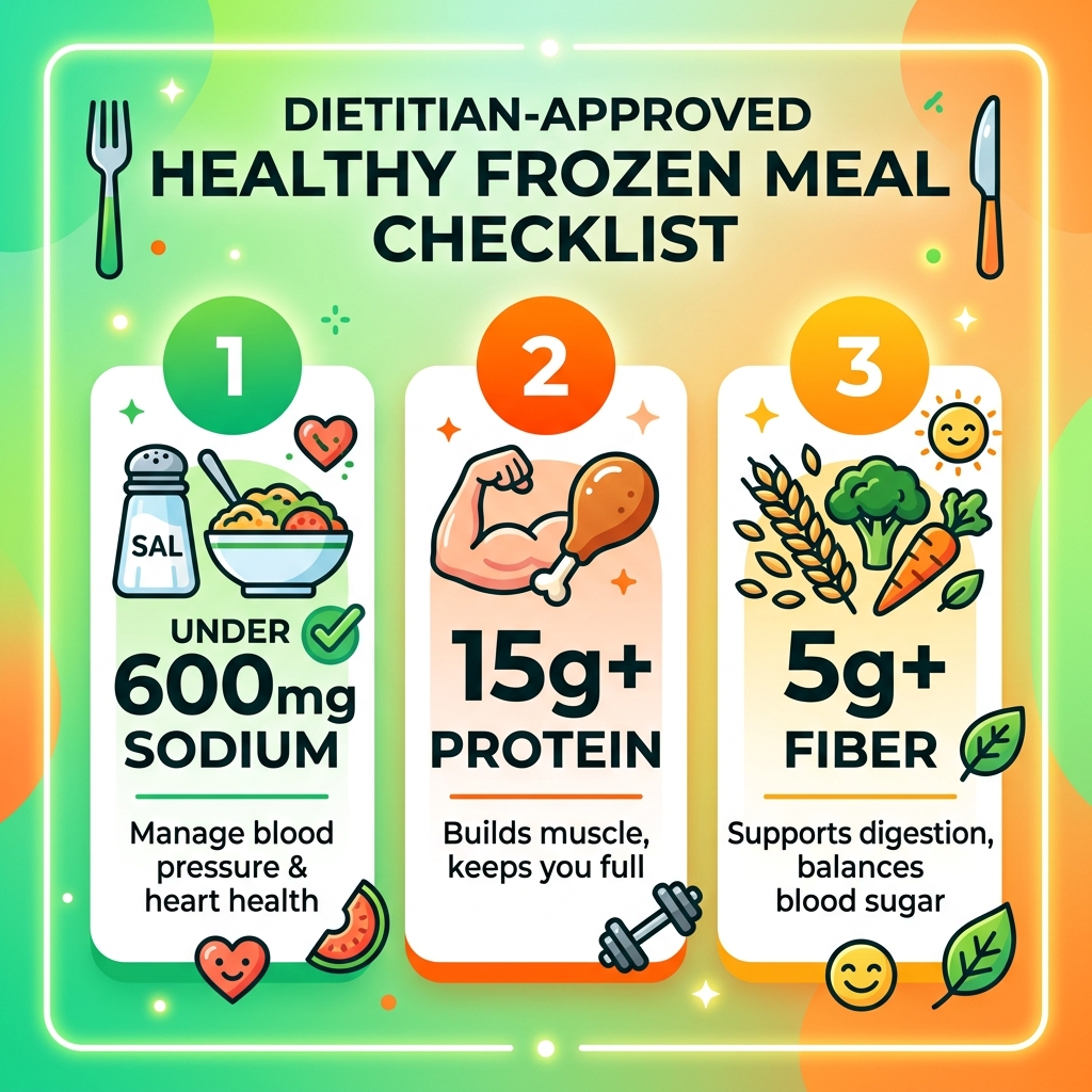 Healthy Frozen Meal Checklist showing sodium under 600mg, 15g+ protein, 5g+ fiber targets - healthy frozen dinners for