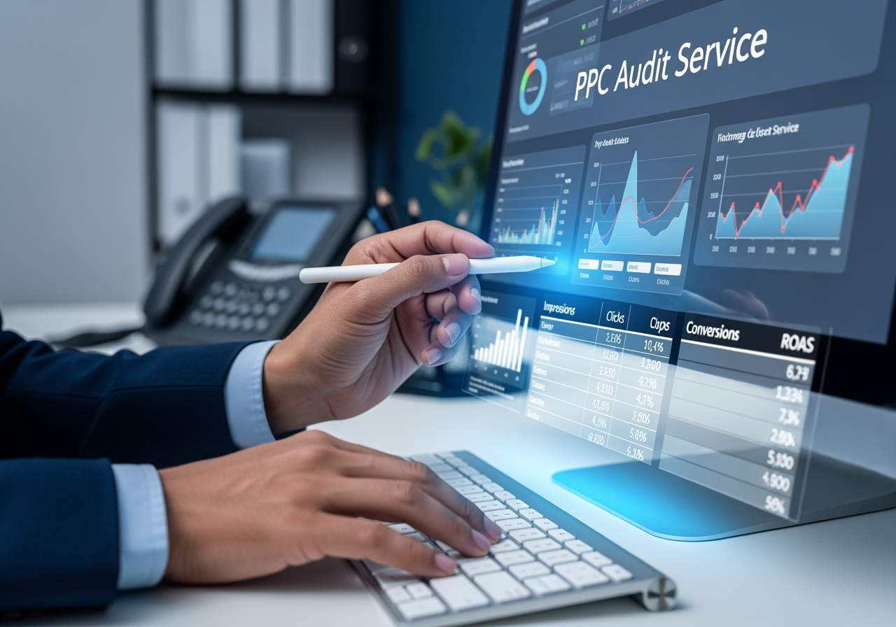 Hand using a stylus on a computer screen displaying PPC audit service metrics, including graphs and data tables for impressions, clicks, conversions, and ROAS, in a professional office setting.