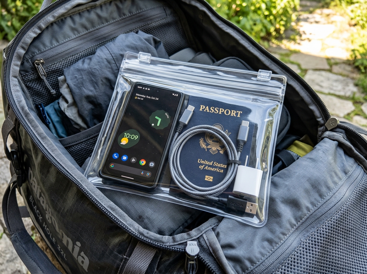 Organized electronics and passport inside a small waterproof pouch - dry bag small travel