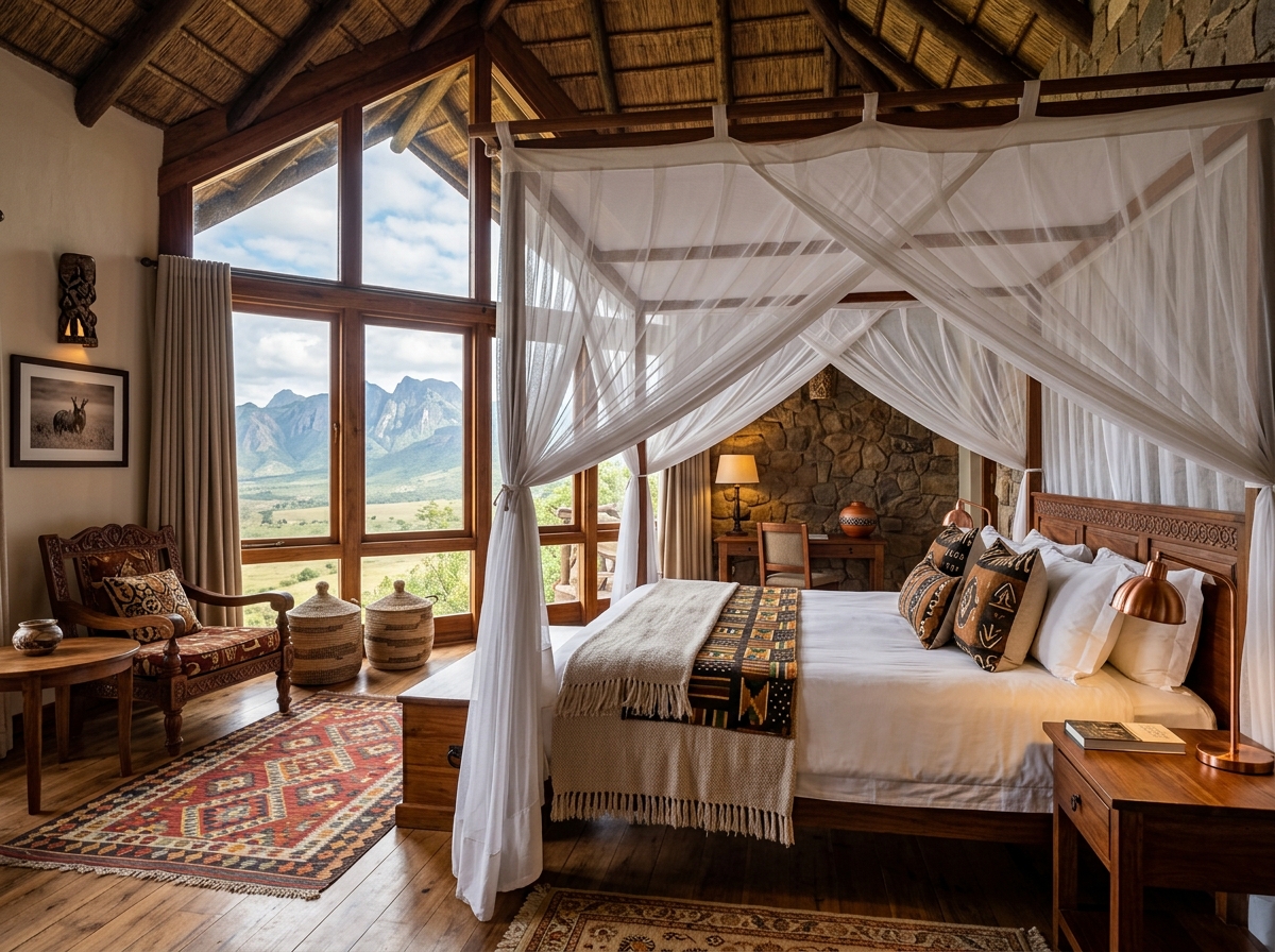 Deluxe Suite interior at Airport Planet Lodge with African decor and large windows - airport planet lodge