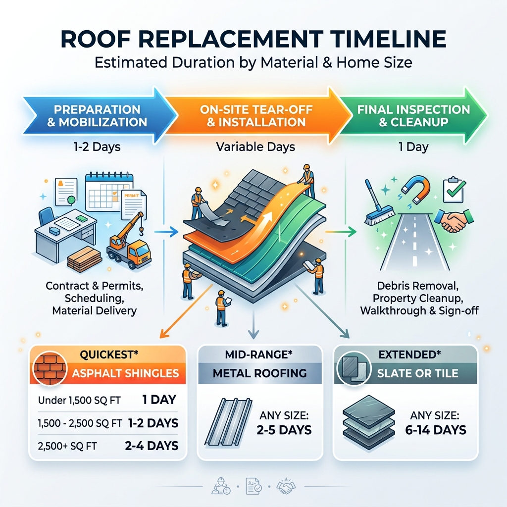 Infographic showing roof replacement timeline by material type and home size from start to finish - how long does roof Infographic showing roof replacement timeline by material type and home size from start to finish - how long does roof