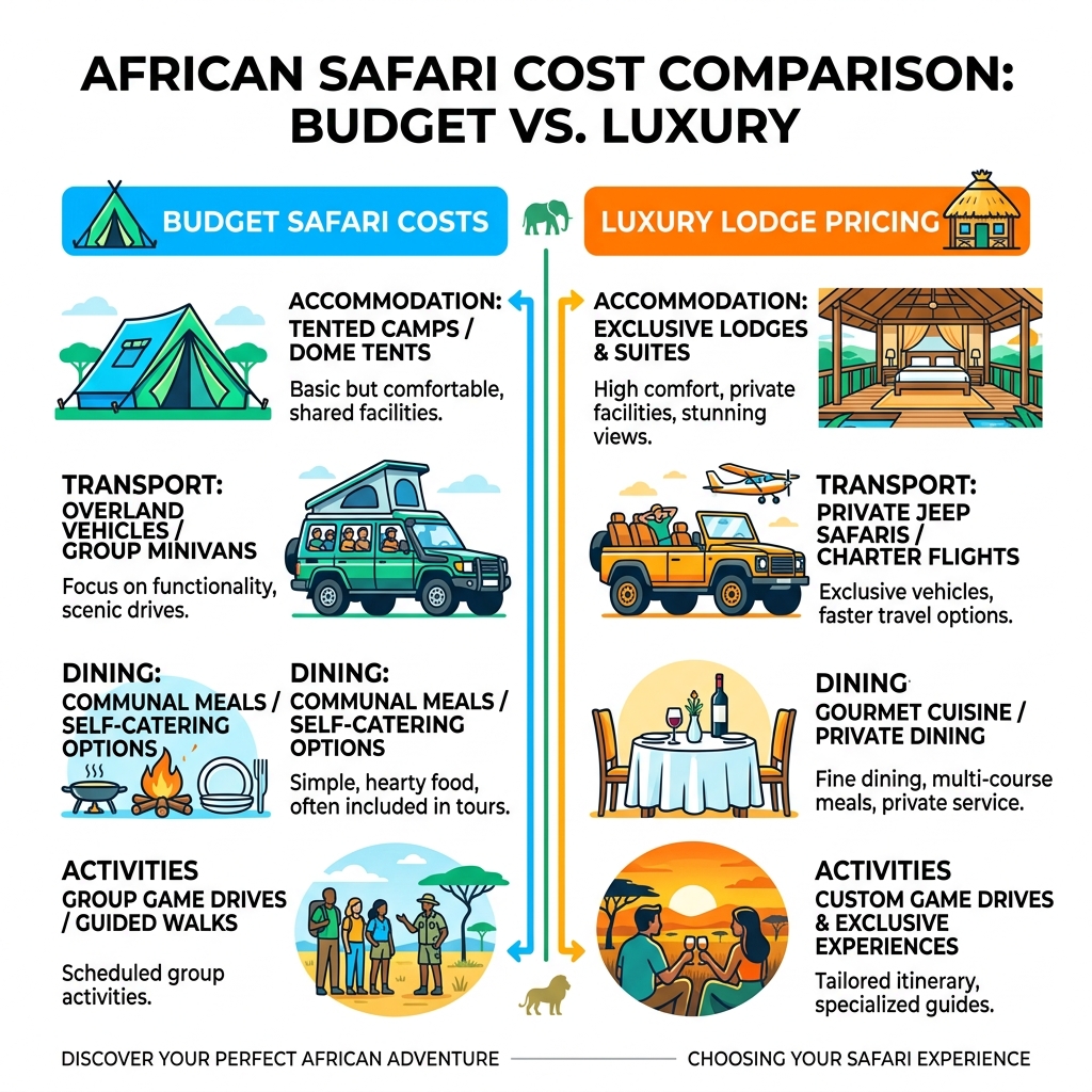 Breakdown of budget safari costs versus luxury lodge pricing in Africa - cheap safaris in africa infographic Breakdown of budget safari costs versus luxury lodge pricing in Africa - cheap safaris in africa infographic