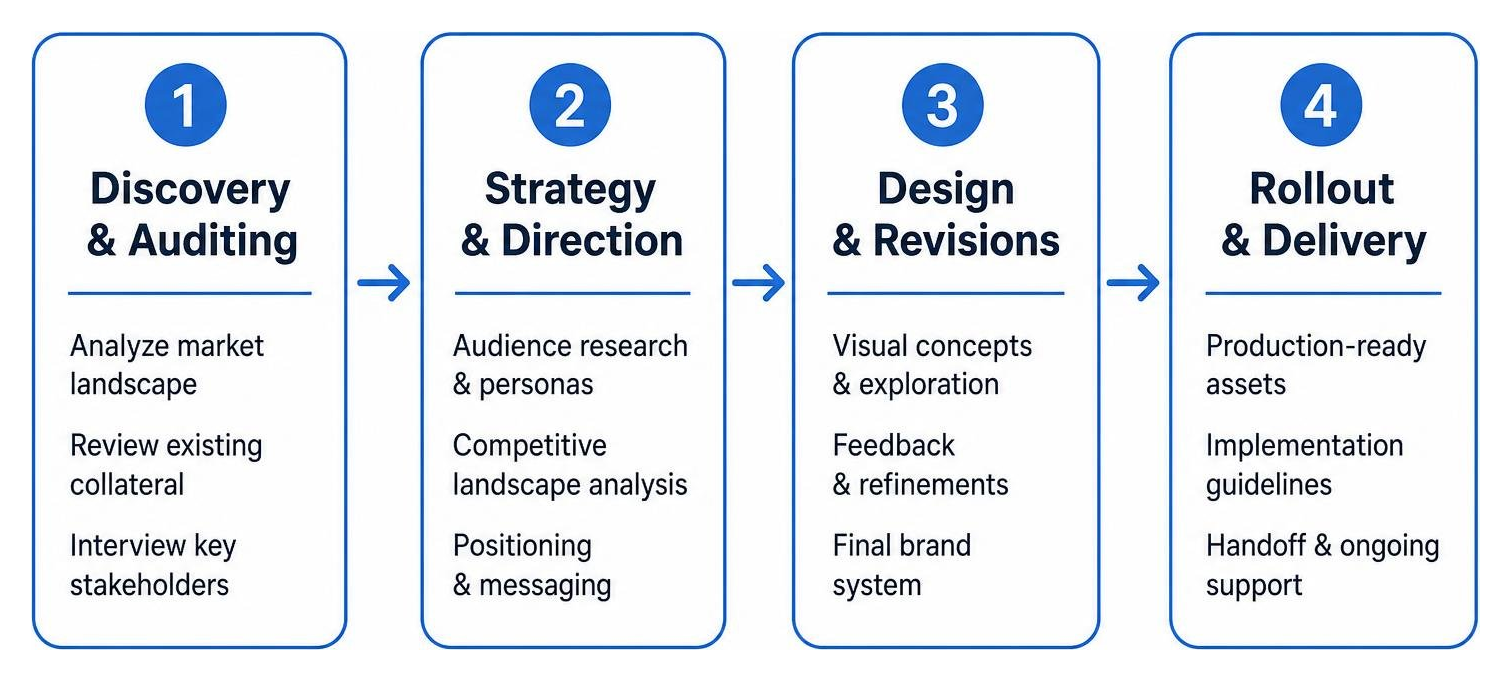 Sequential phases of the brand identity design process from discovery through delivery