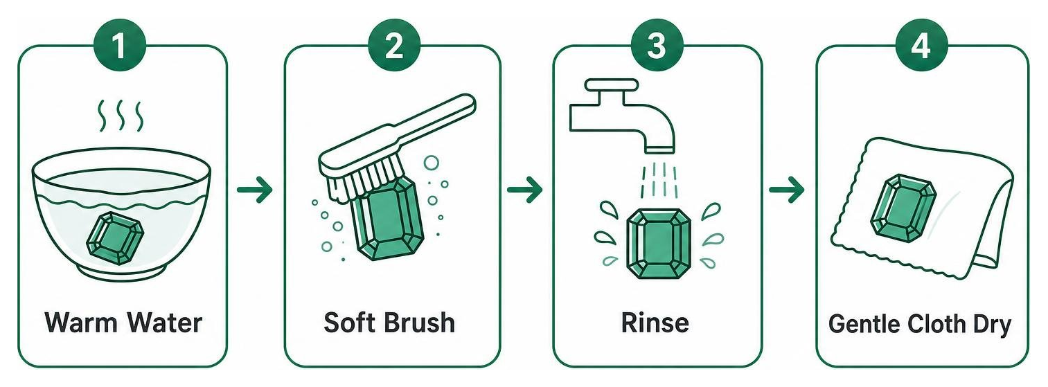Step-by-step cleaning emeralds: warm water, soft brush, rinse, gentle cloth dry Step-by-step cleaning emeralds: warm water, soft brush, rinse, gentle cloth dry