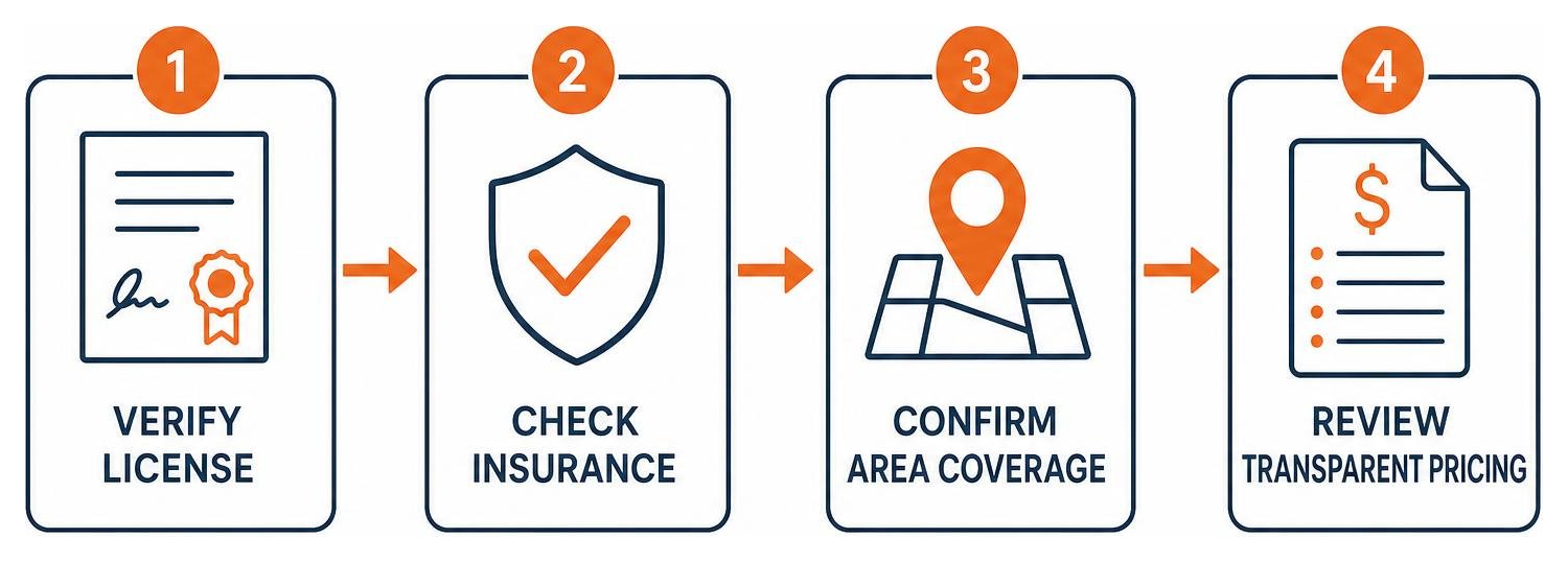 Emergency electrician selection process: verify license, check insurance, confirm area coverage, review transparent pricing