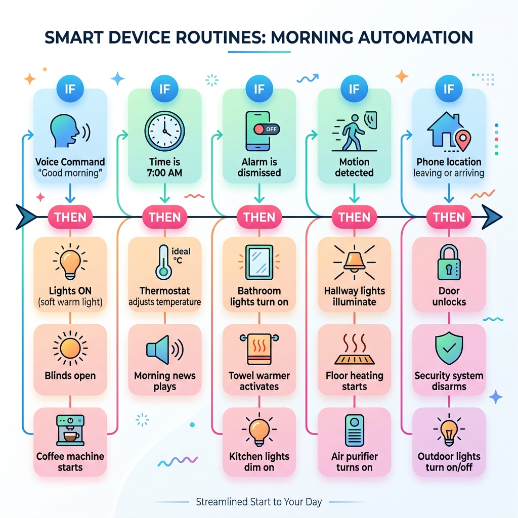 Infographic showing IF-THEN logic of smart device routines for morning automation - integration smart device routines