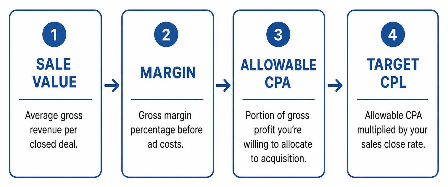 Diagram mapping the sequential flow from sale value to margin to allowable CPA to target CPL