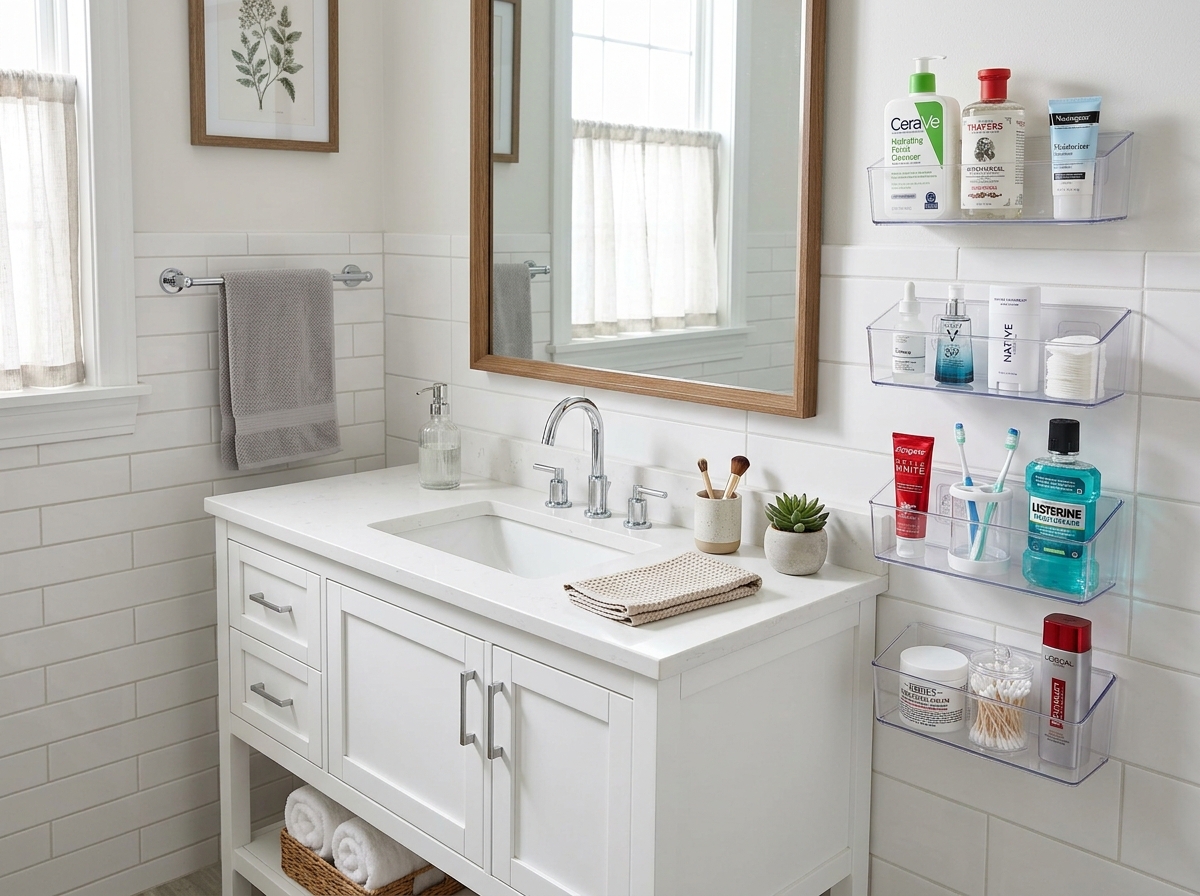 A bathroom vanity organized with stick-on bins for toiletries and skincare - stickable wall storage baskets