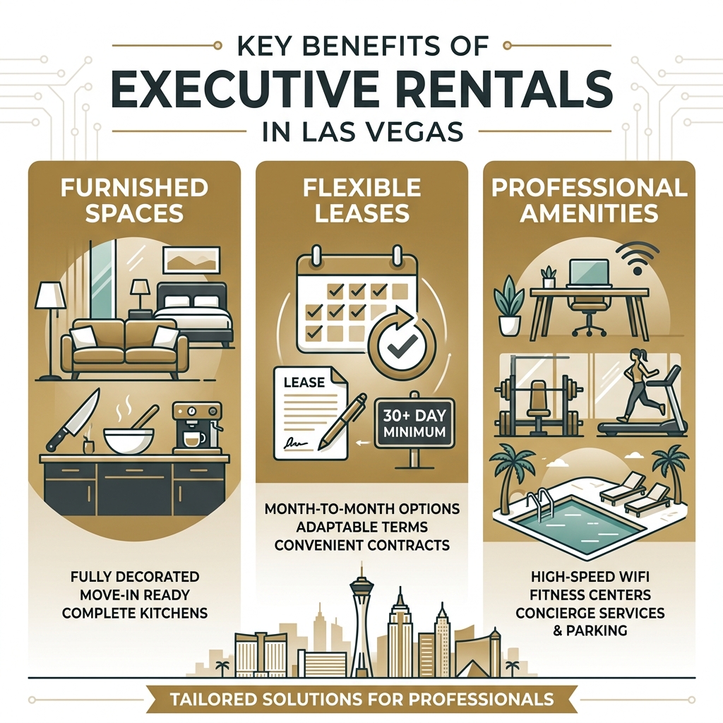 Infographic showing key benefits of executive rentals in Las Vegas including furnished spaces, flexible leases, and