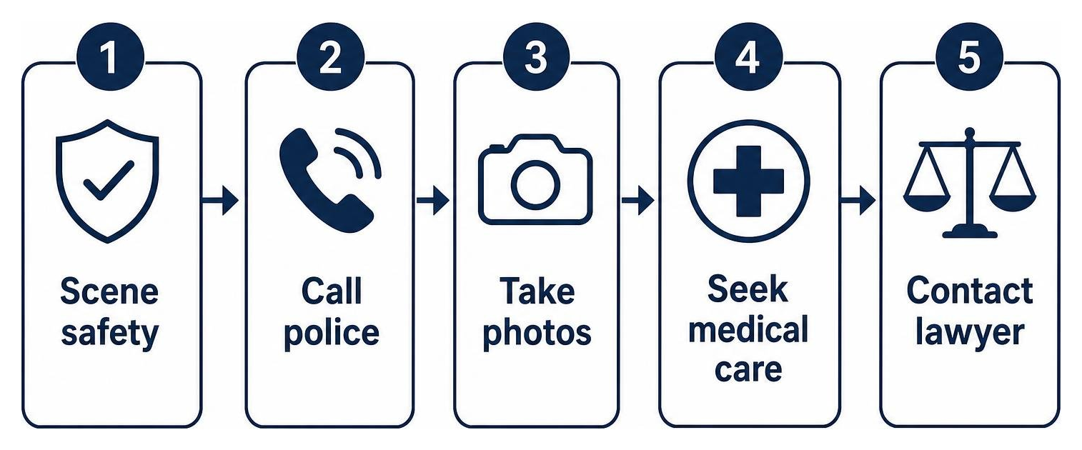 Checklist: scene safety, call police, take photos, seek medical care, contact lawyer Checklist: scene safety, call police, take photos, seek medical care, contact lawyer