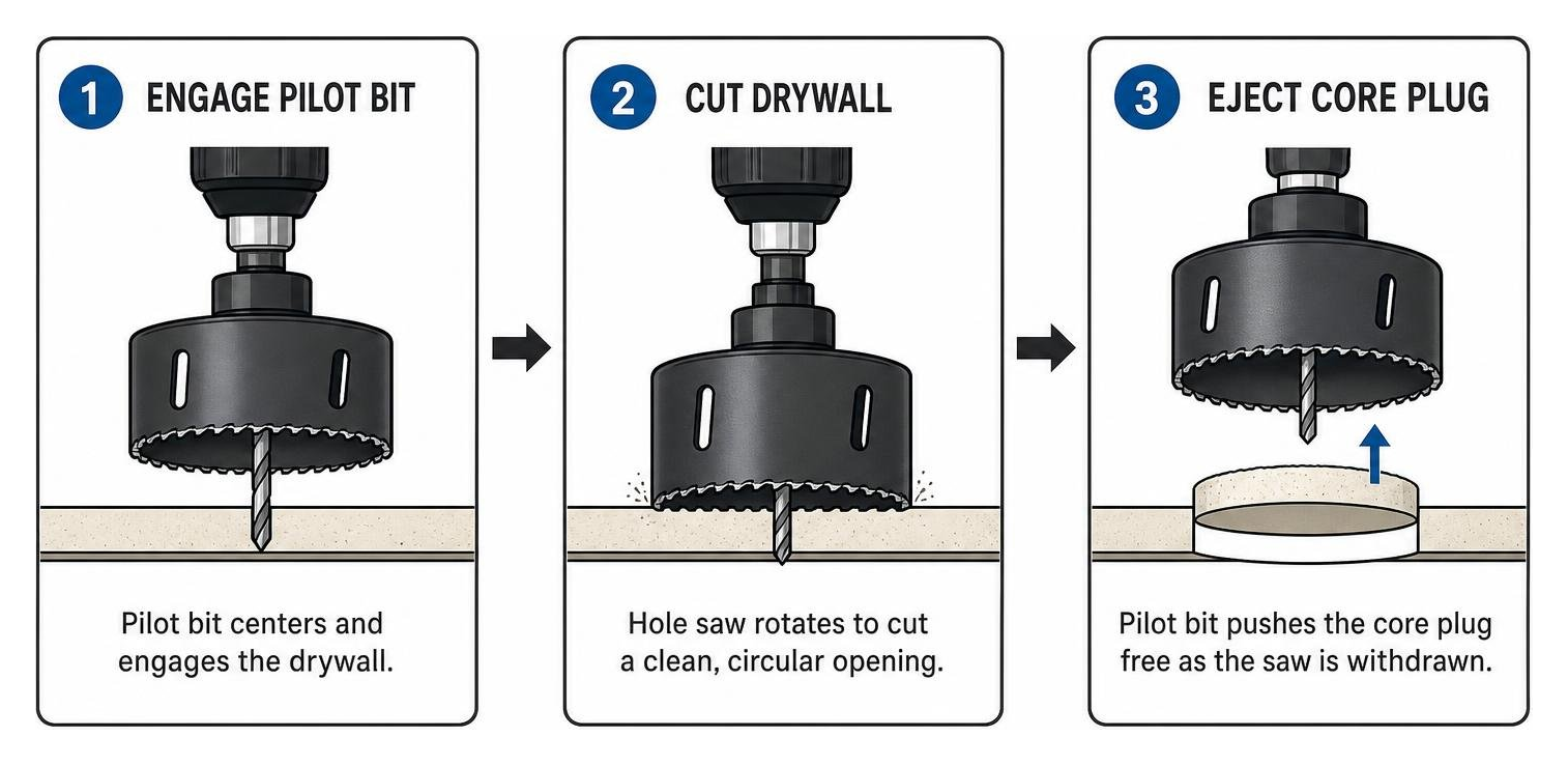 Process of engaging pilot bit, cutting drywall, and ejecting core plug Process of engaging pilot bit, cutting drywall, and ejecting core plug