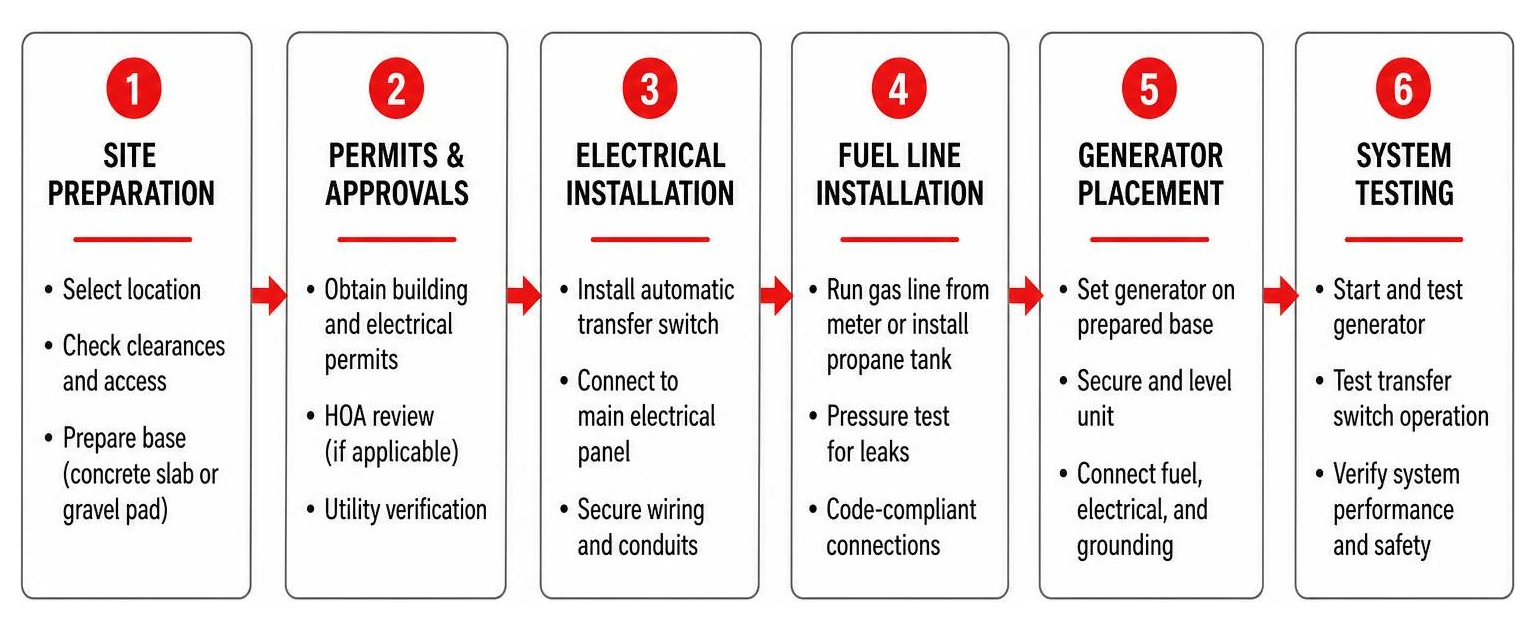 Process of installing a home standby generator from site prep to final testing Process of installing a home standby generator from site prep to final testing