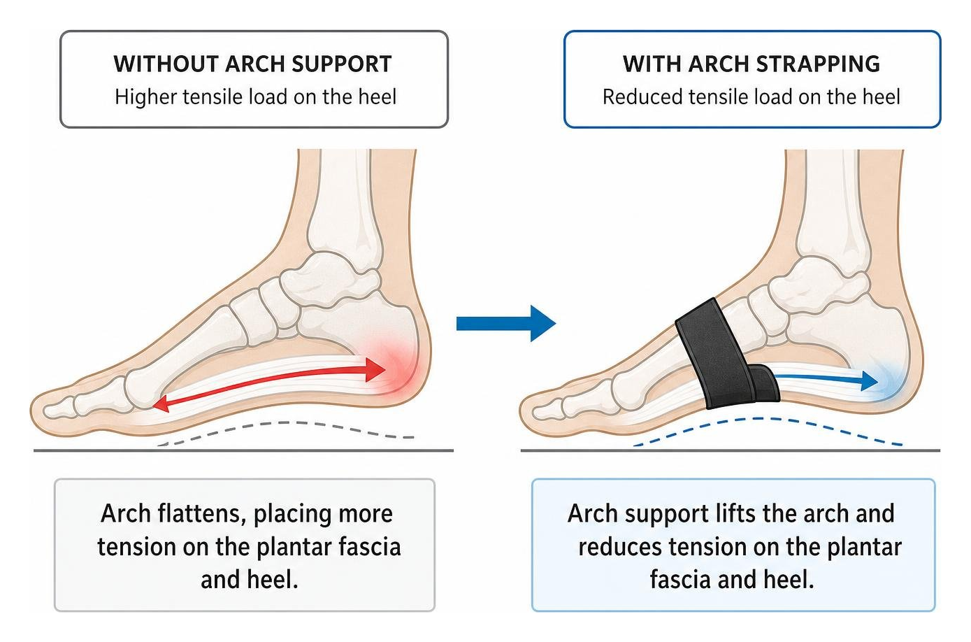 diagram showing how arch strapping reduces tensile load on the heel diagram showing how arch strapping reduces tensile load on the heel