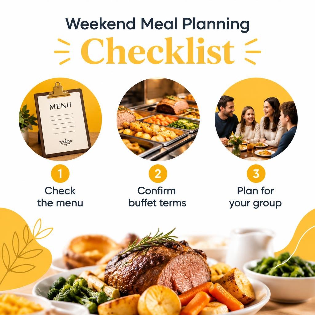 Weekend meal planning checklist: check the menu, confirm buffet terms, and plan for your group infographic