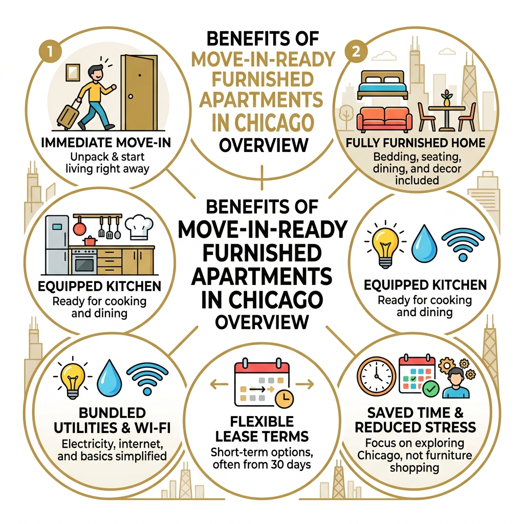 Benefits of move-in-ready furnished apartments in Chicago overview - fully furnished apartments chicago infographic 