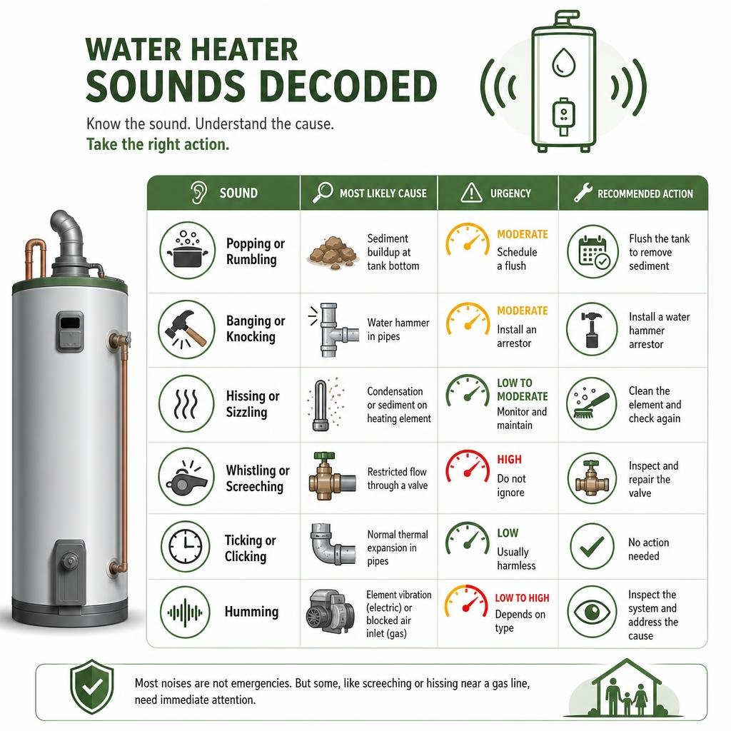 infographic showing water heater sounds, their causes, urgency levels, and recommended actions infographic