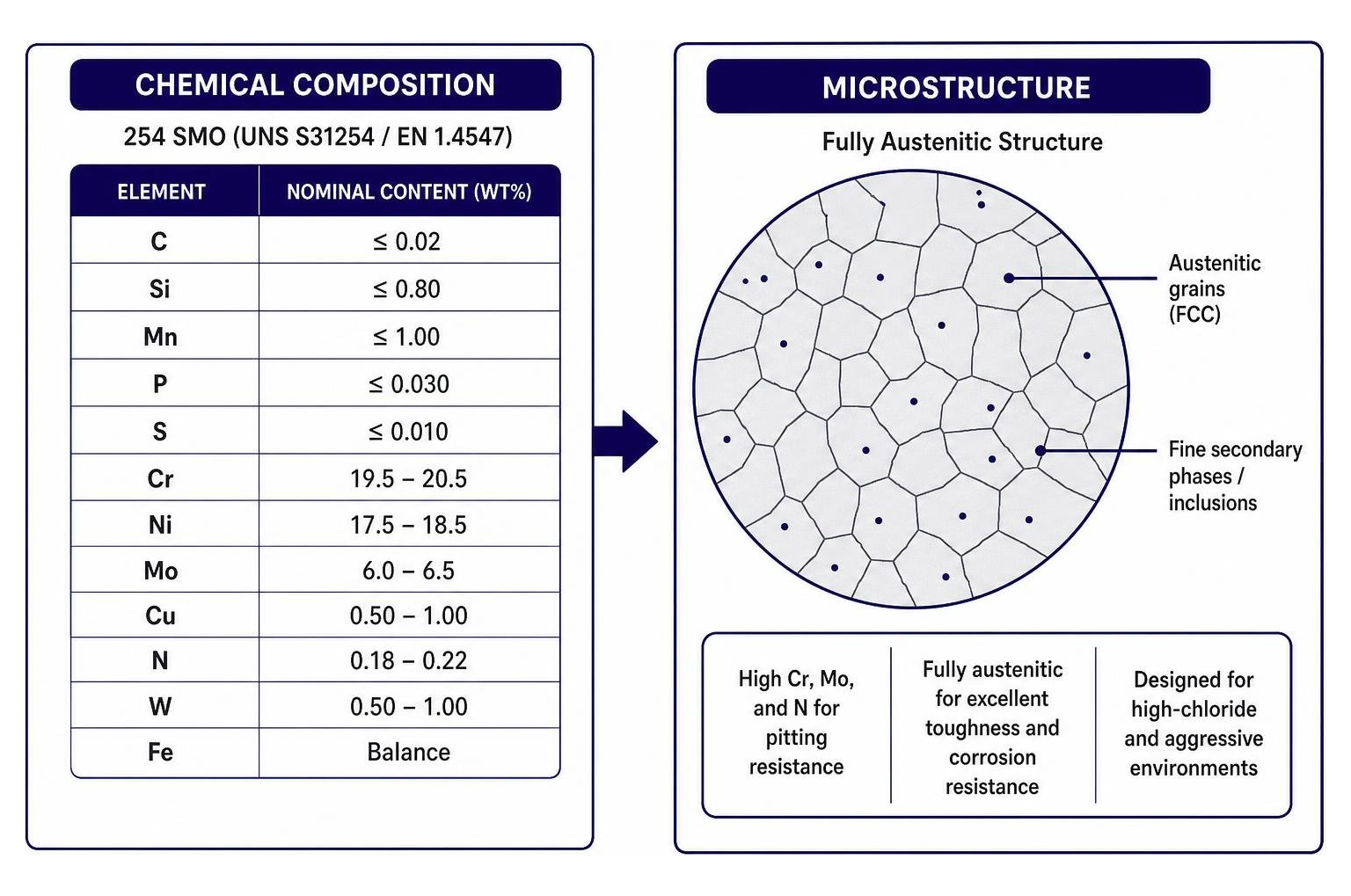 Chemical composition and microstructural diagram of super austenitic steel