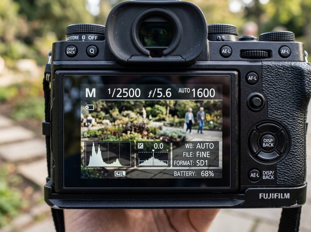 Camera LCD screen displaying Manual mode, 1/2500s, f/5.6, and Auto ISO settings - shutter speed for birds in flight