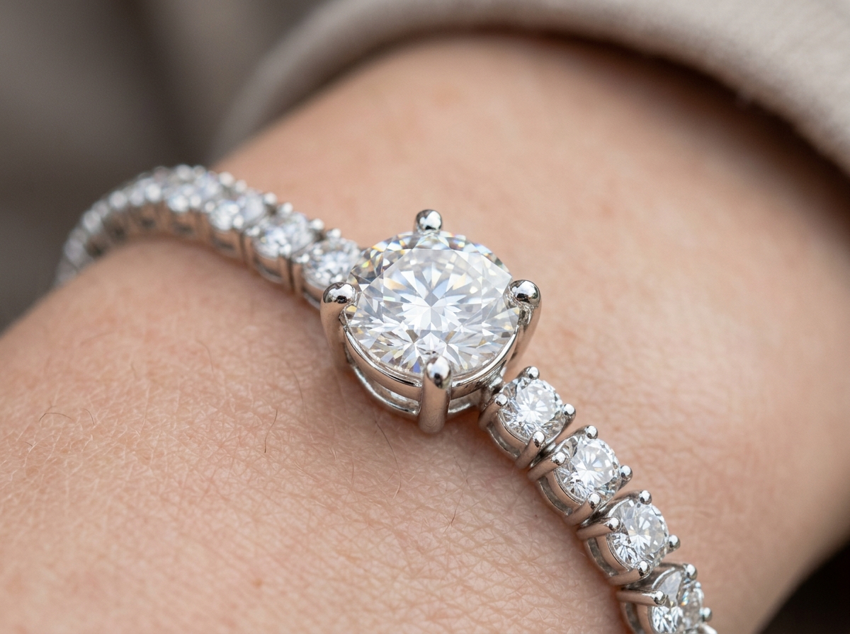 Close up of a four-prong diamond setting on a tennis bracelet - 10 carat tennis bracelet price Close up of a four-prong diamond setting on a tennis bracelet - 10 carat tennis bracelet price