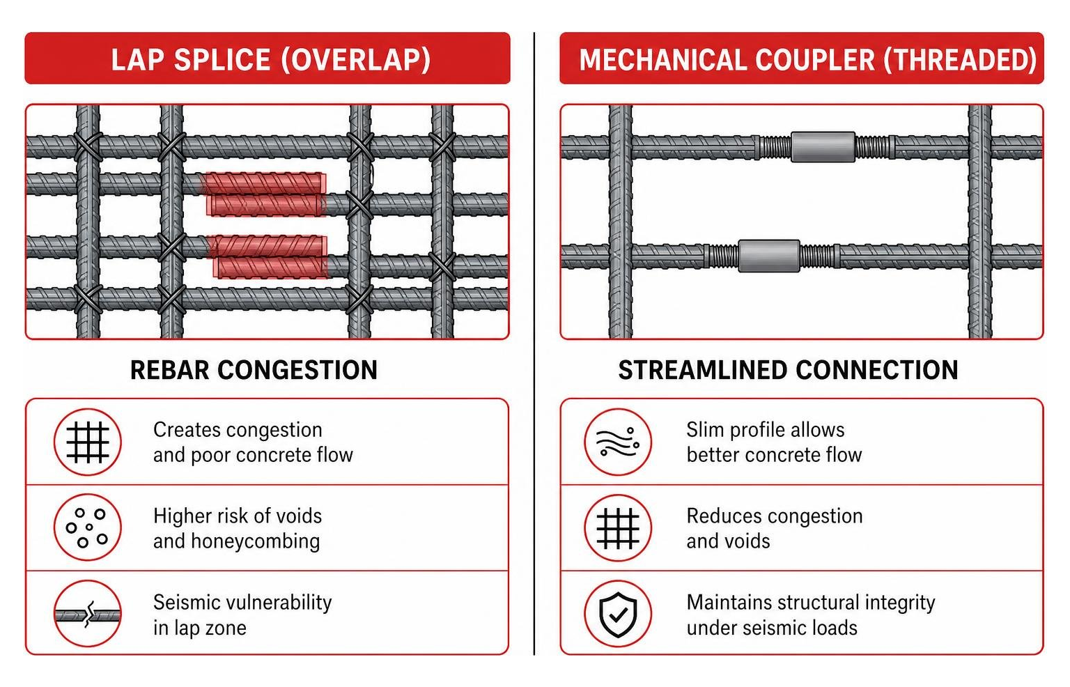 Diagram of rebar congestion in lap splices versus streamlined mechanical couplers Diagram of rebar congestion in lap splices versus streamlined mechanical couplers