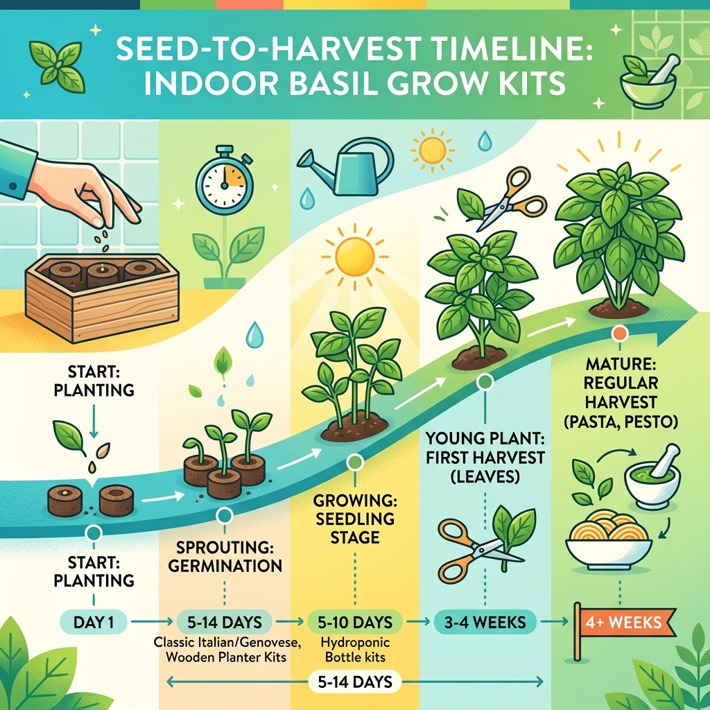 Seed-to-harvest timeline infographic for indoor basil grow kits - basil starter kit kitchen infographic Seed-to-harvest timeline infographic for indoor basil grow kits - basil starter kit kitchen infographic