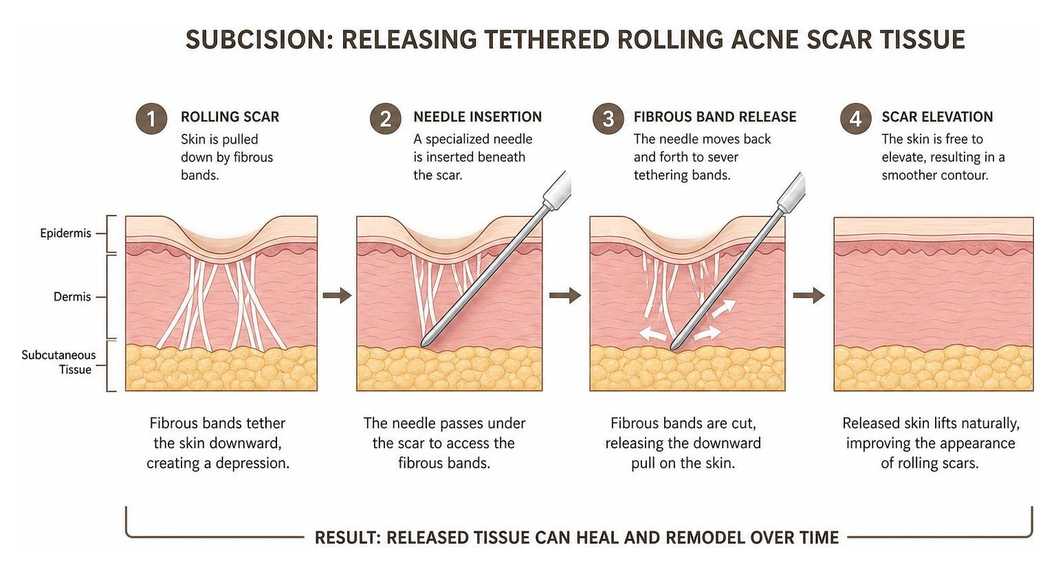 diagram of subcision procedure releasing tethered rolling acne scar tissue