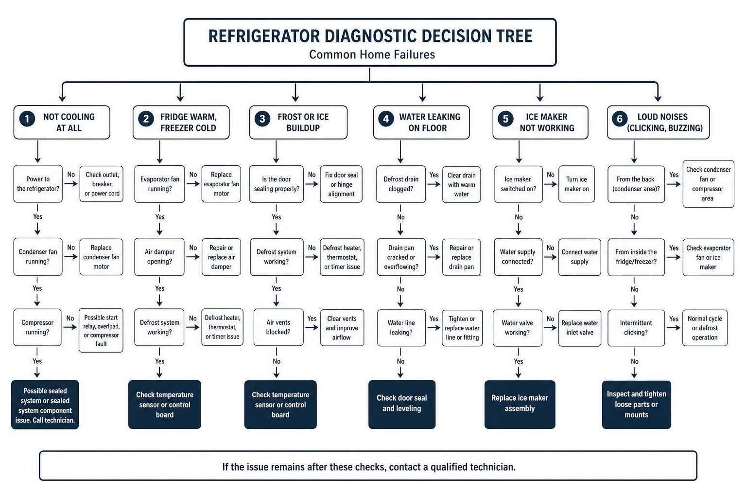 Refrigerator diagnostic decision tree for common home failures