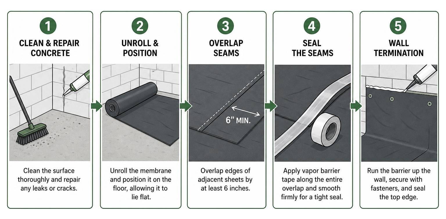 Step-by-step basement moisture barrier installation process