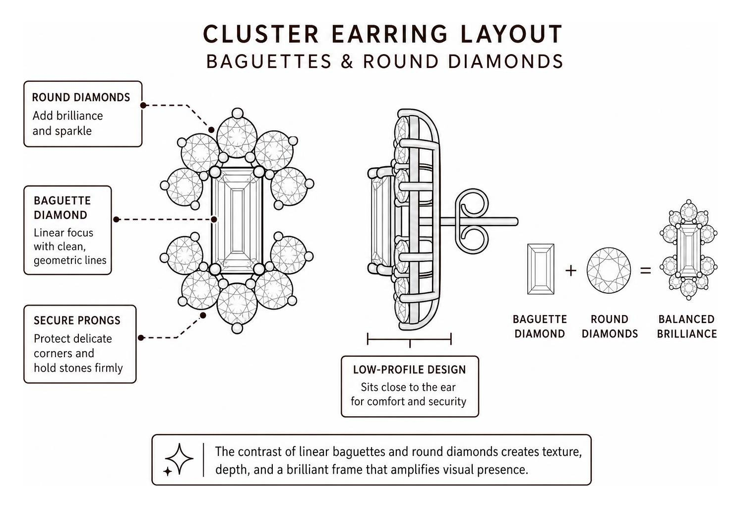 cluster earring layout with baguettes and round diamonds cluster earring layout with baguettes and round diamonds