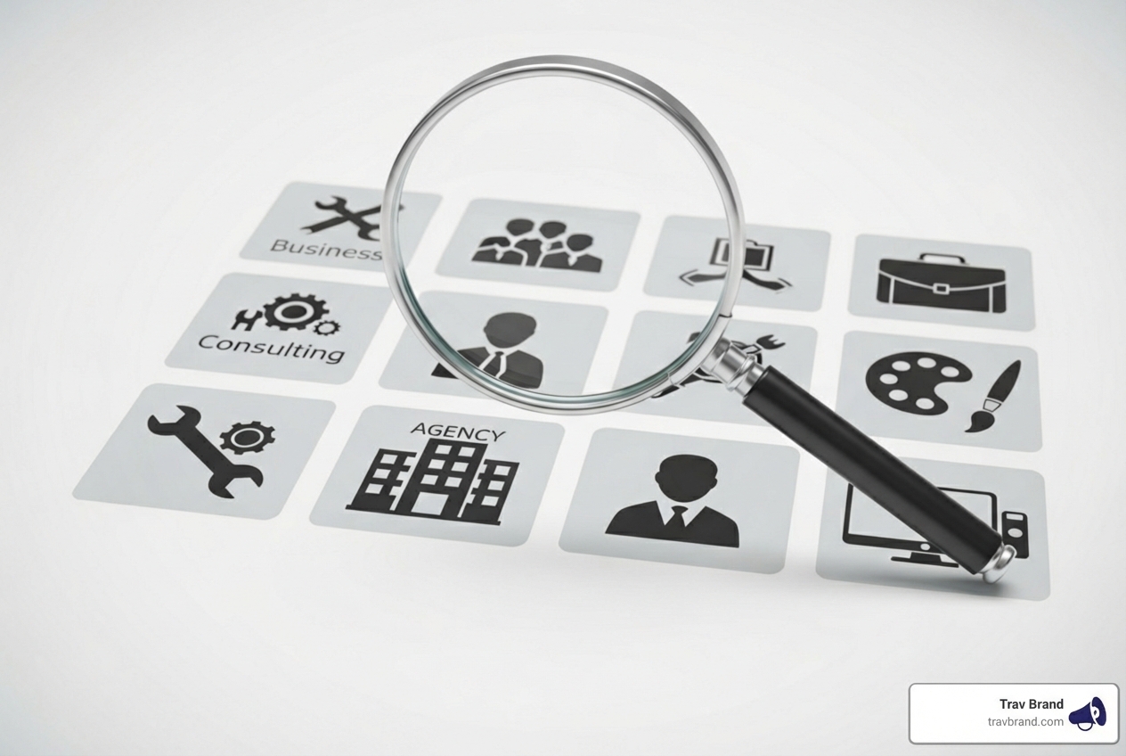 Magnifying glass over different service provider icons (agency, freelancer) - Blog content writing services Magnifying glass over different service provider icons (agency, freelancer) - Blog content writing services