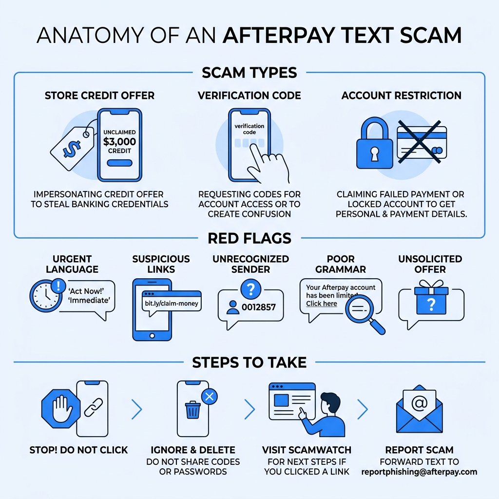 Anatomy of an Afterpay text scam infographic showing scam types, red flags, and steps to take - Afterpay text scam Anatomy of an Afterpay text scam infographic showing scam types, red flags, and steps to take - Afterpay text scam