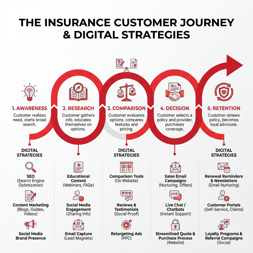 Infographic showing the customer journey for insurance buyers from awareness through research, comparison, decision, and retention, with relevant digital marketing strategies mapped to each stage including SEO, content marketing, social media, email nurturing, and customer portals - Digital marketing for insurance infographic 