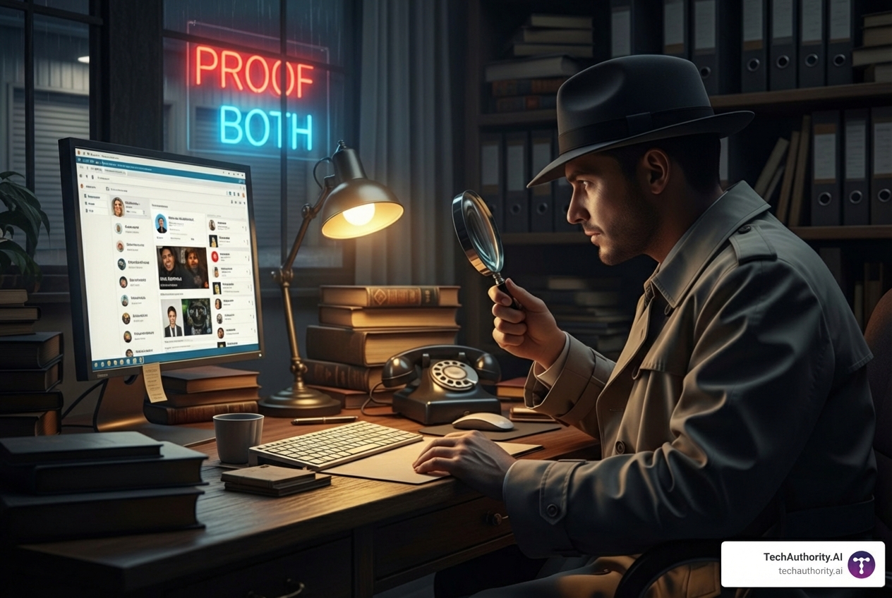 A detective looking for clues on a computer screen, finding bloggers - Blogger Outreach