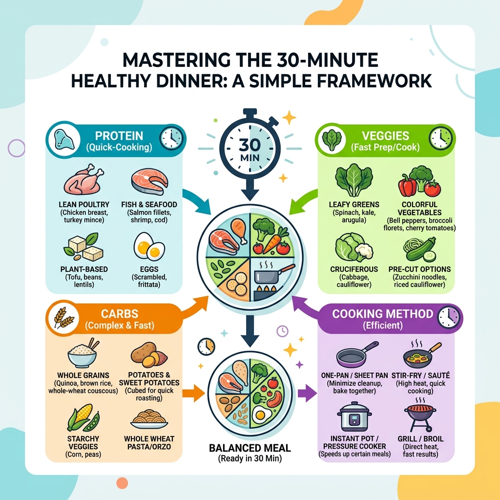 Framework showing 30-minute meal components: protein, veggies, carbs, and cooking method - healthy 30 minute dinner Framework showing 30-minute meal components: protein, veggies, carbs, and cooking method - healthy 30 minute dinner