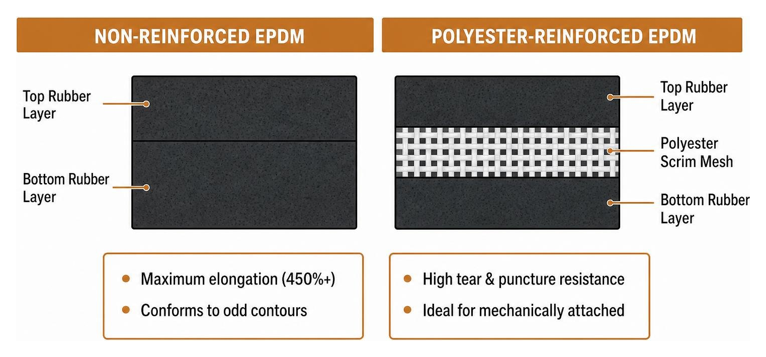 Comparison diagram between non-reinforced and polyester-reinforced EPDM membrane structures Comparison diagram between non-reinforced and polyester-reinforced EPDM membrane structures