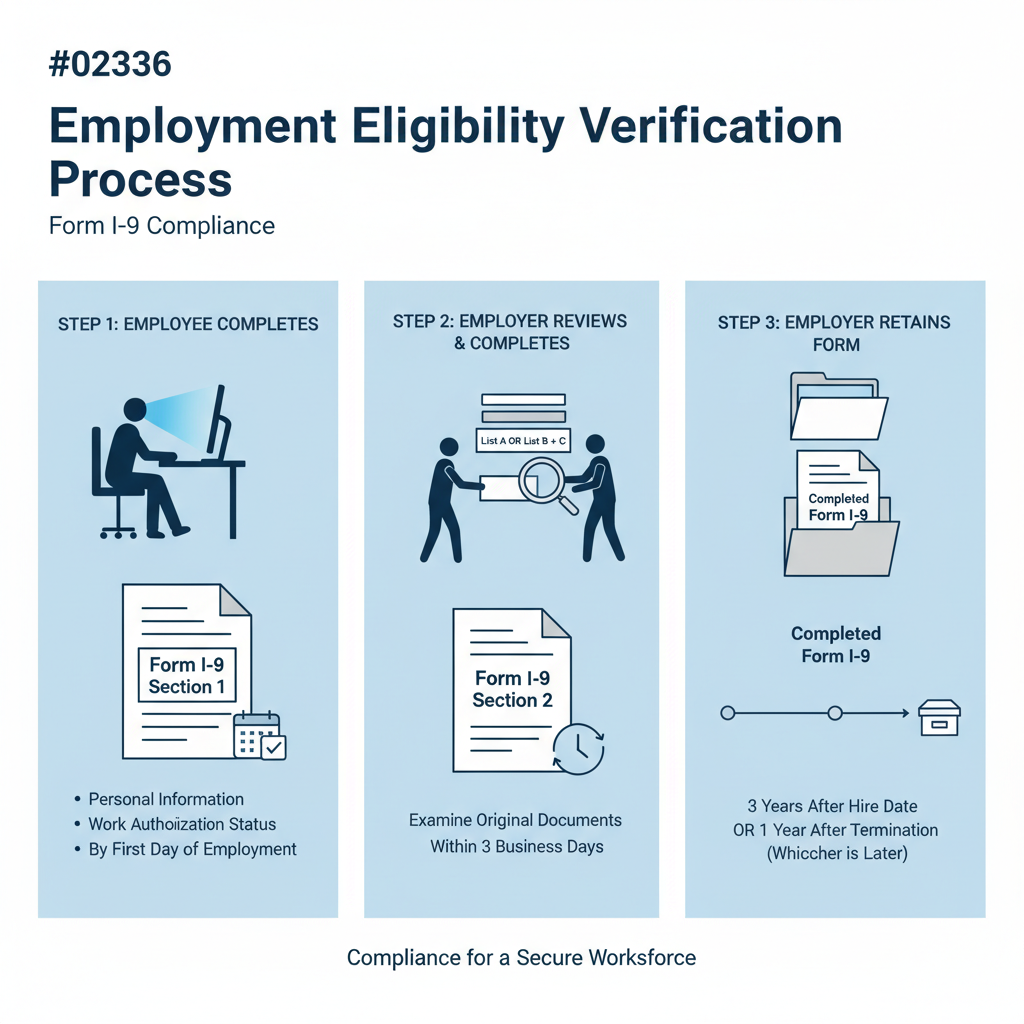 infographic showing the employment eligibility verification process: Step 1 shows employee completing Section 1 of Form I-9 by first day of employment with personal information and work authorization status; Step 2 shows employer reviewing original documents and completing Section 2 within three business days; Step 3 shows employer retaining completed form for three years after hire date or one year after termination, whichever is later - Employment eligibility forms infographic 