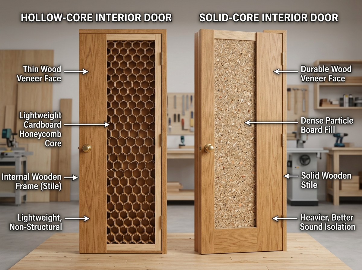 cross-section of a hollow-core vs solid-core door - acoustic bedroom door seals