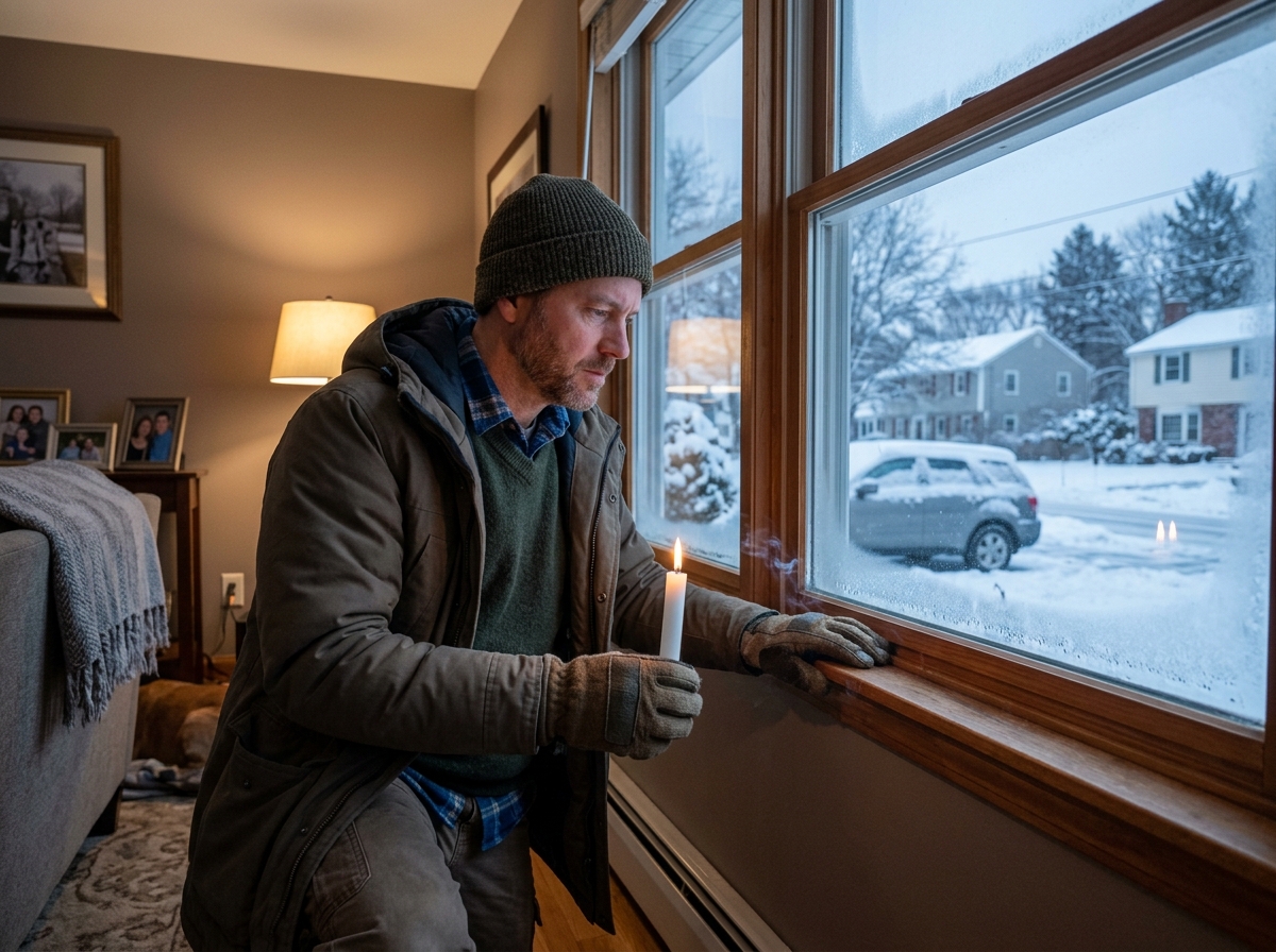 homeowner inspecting window frames for drafts - home winter caulking tips