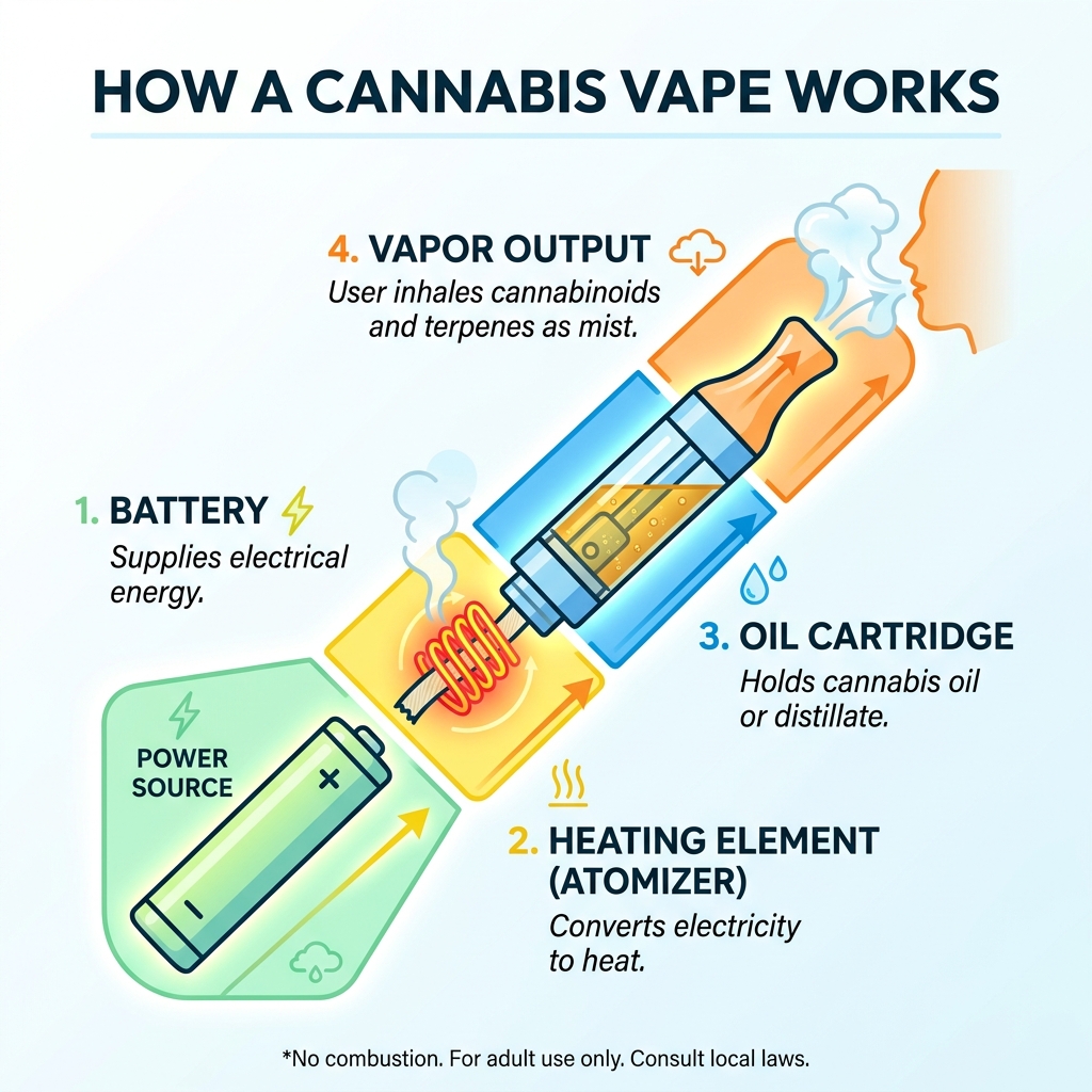 Infographic showing how a cannabis vape works: battery, heating element, oil cartridge, vapor output - cannabis vape Infographic showing how a cannabis vape works: battery, heating element, oil cartridge, vapor output - cannabis vape