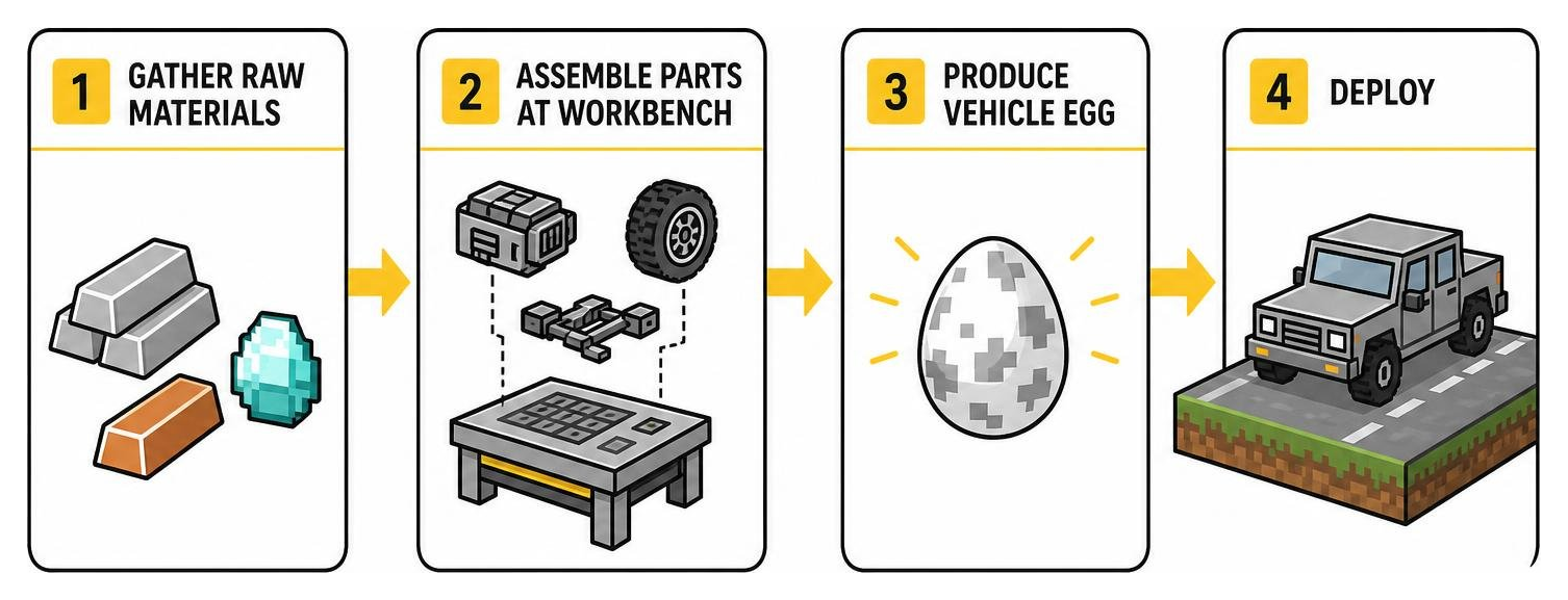 Assembly workflow: gather raw materials, assemble parts at workbench, produce vehicle egg, deploy Assembly workflow: gather raw materials, assemble parts at workbench, produce vehicle egg, deploy
