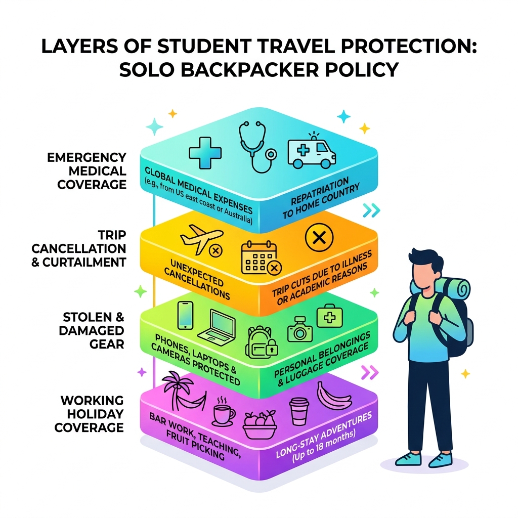 layers of student travel protection infographic showing medical, cancellation, gear, and working holiday coverage - solo