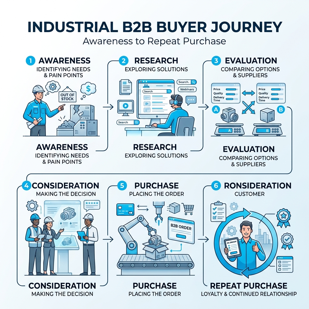 Infographic showing the B2B buyer journey in the industrial sector from awareness to repeat purchase - e-commerce website Infographic showing the B2B buyer journey in the industrial sector from awareness to repeat purchase - e-commerce website