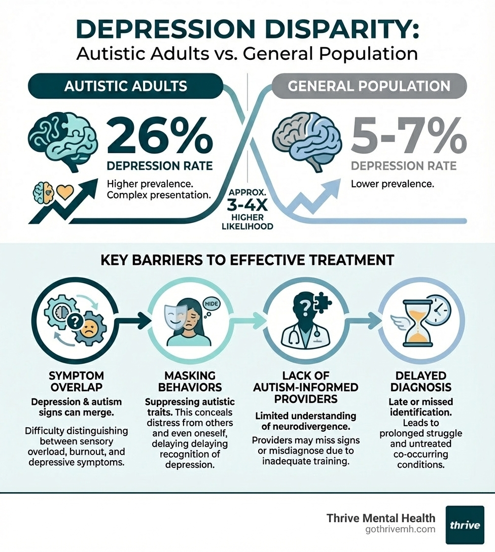 Infographic showing depression rates in autistic adults at 26% compared to 5-7% in the general population, with key barriers to treatment including symptom overlap, masking behaviors, lack of autism-informed providers, and delayed diagnosis - Where can I find treatment for co-occurring autism and depression? infographic 